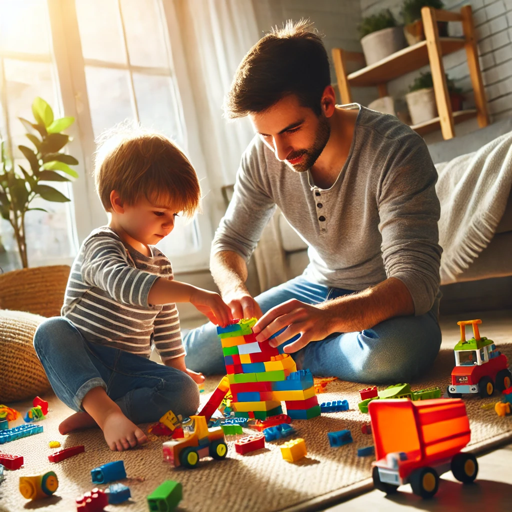 부모가 아이와 함께 레고를 다시 만드는 모습
