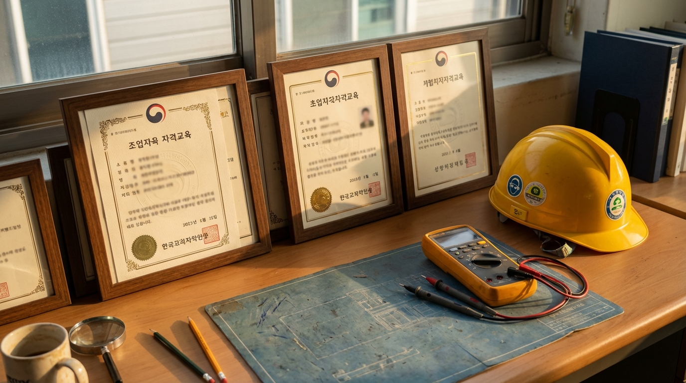 책상 위에 놓인 산업현장 필수 기술 자격증들과 안전 장비들의 모습