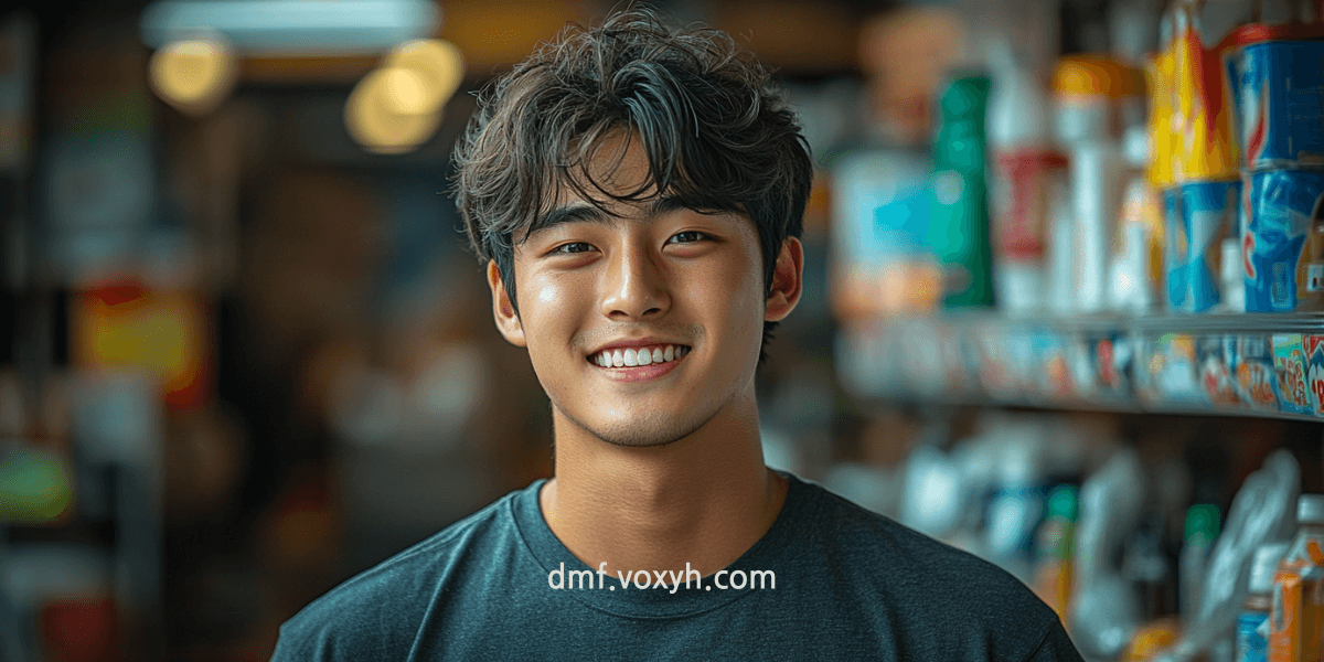 청년이 편의점에서 일을 하다 환하게 웃고 있습니다