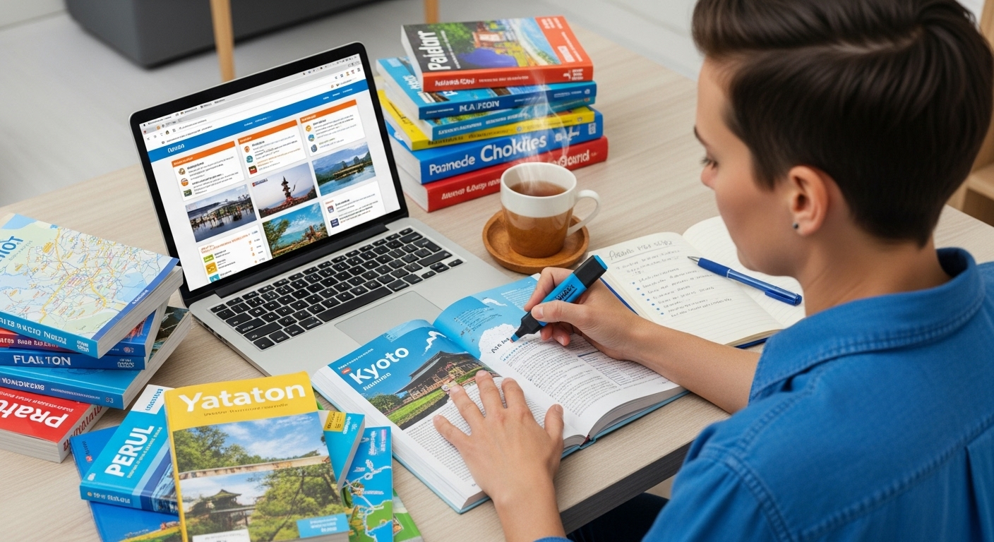 노트북으로 항공권 및 숙소 예약 사이트를 비교하며 여행 계획을 세우는 사람의 모습.
