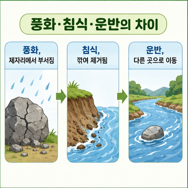 제자리에서 바위가 부서지는 풍화와 부서진 물질이 깎여 이동하는 침식과 운반의 차이를 비교해 보여 주는 그림