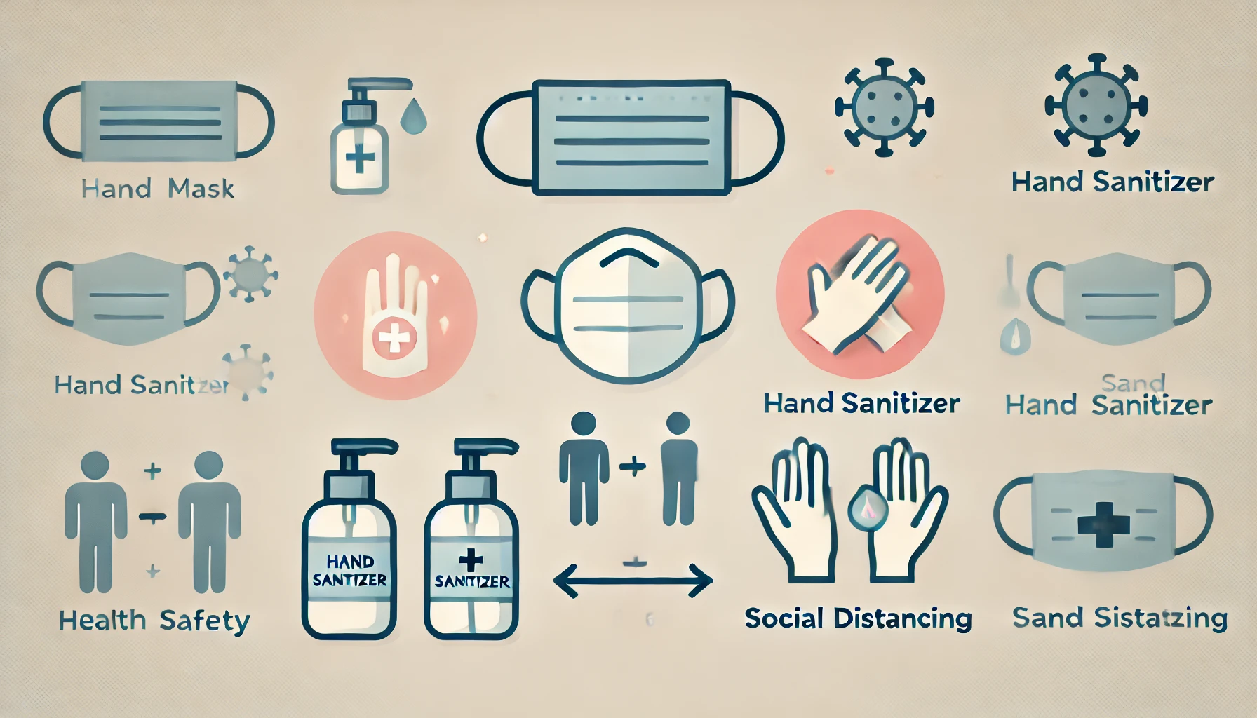 마스크와 예방을 표현한 심플하고 깔끔한 이미지. 얼굴 마스크, 손 소독제, 사회적 거리두기 아이콘을 포함해 건강 안전과 예방 조치의 개념을 미니멀하고 현대적인 디자인으로 전달.