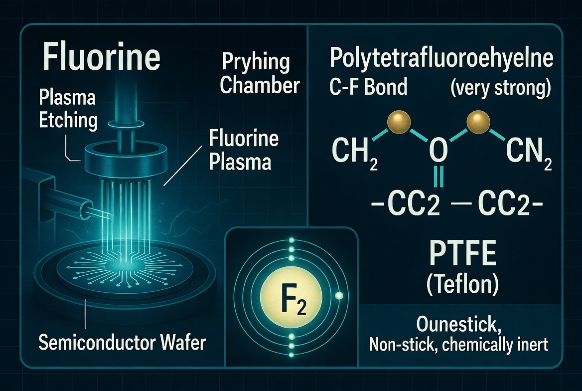 High-tech scientific diagram showcasing the industrial applications of Fluorine. Left: Semiconductor dry etching process using fluorine plasma on silicon wafers. Right: Molecular structure of Polytetrafluoroethylene (PTFE/Teflon) highlighting strong C-F bonds. Center: 3D atomic model of Fluorine with a pale yellow glow. Modern, clean infographic style.
