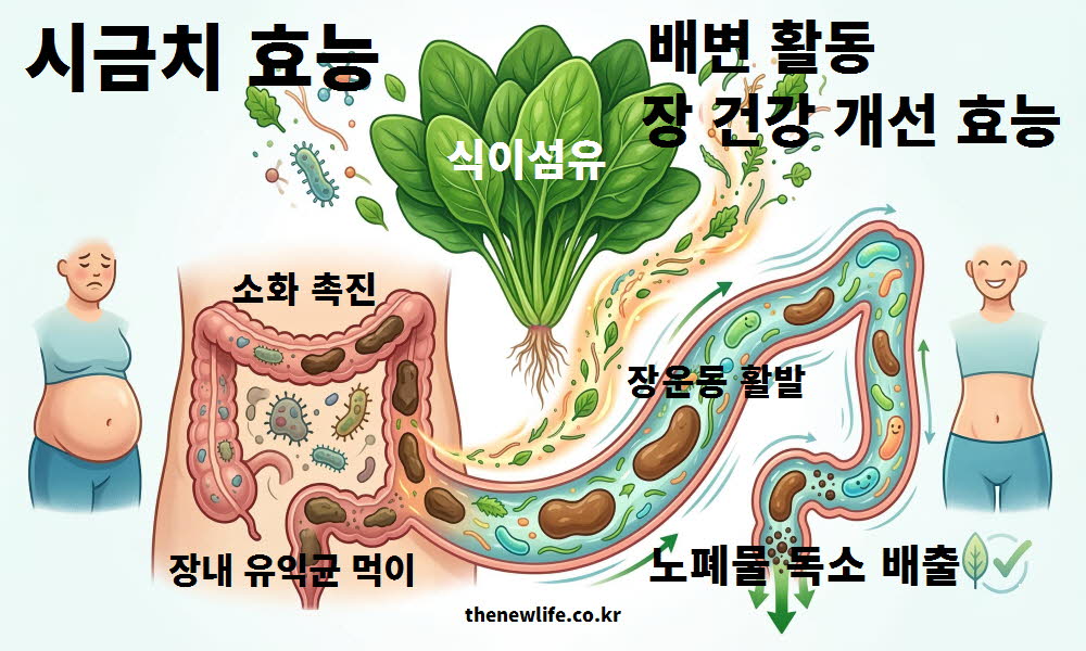 시금치 효능이 배변 활동을 촉진하고 장 건강 개선을 돕는 과정을 설명하는 이미지