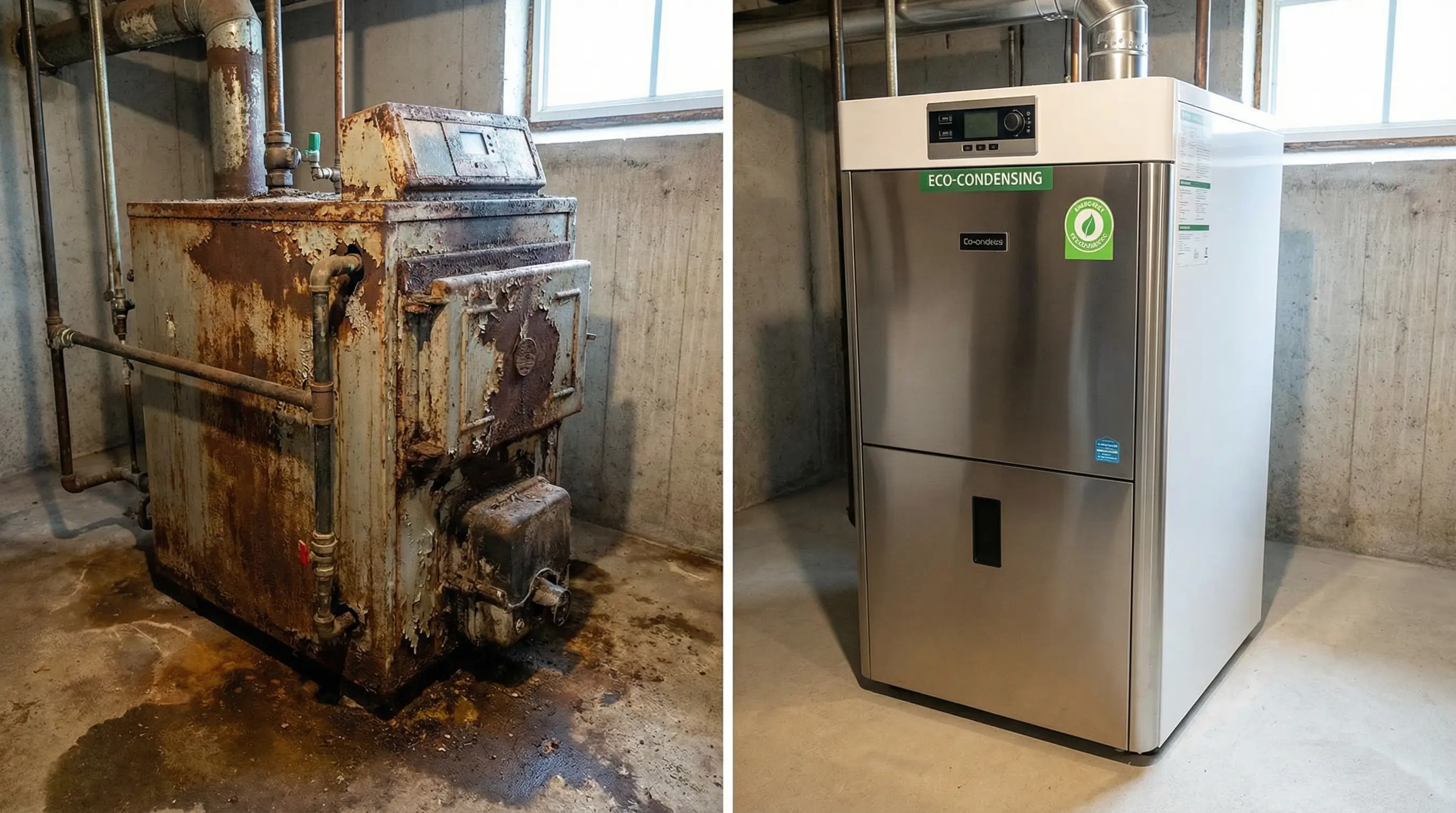 낡고 녹슨 구형 보일러와 반짝이는 새 친환경 콘덴싱 보일러가 나란히 놓인 비교 이미지
