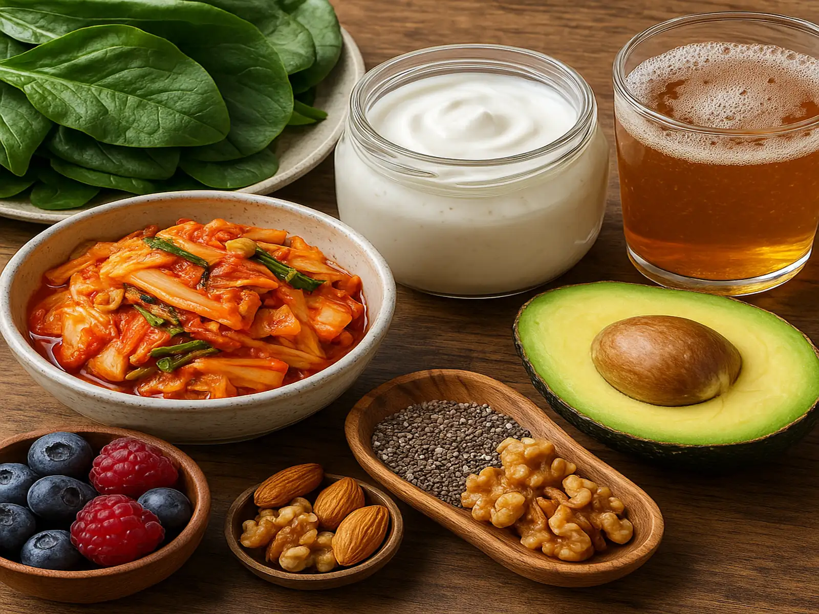 발효식품과 장 건강을 상징하는 김치, 요거트, 콤부차가 자연광 아래 식탁 위에 놓인 모습