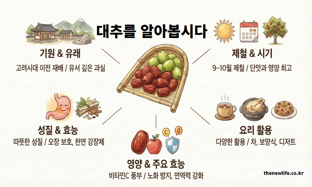 대추 효능의 기원과 유래 그리고 따뜻한 성질을 설명하는 이미지