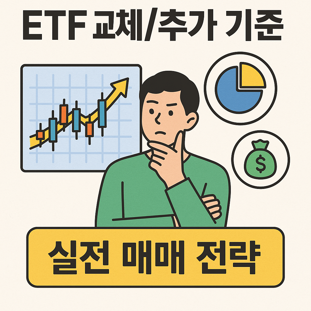 ETF 리밸런싱 실전 전략을 시각화한 썸네일 &ndash; ETF 교체와 추가를 상징하는 화살표, 비교 차트, 투자 그래픽이 포함된 플랫 스타일 일러스트