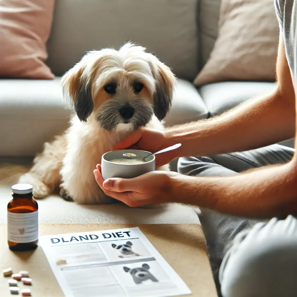 강아지에게 부드러운 식단을 급여하는 보호자, 옆에는 수의사 지시서와 장 건강 약품이 함께 놓여 있으며 강아지는 차분한 모습