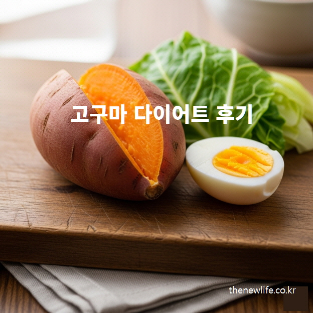 삶은 고구마와 삶은 달걀, 배추가 함께 놓인 다이어트 식단