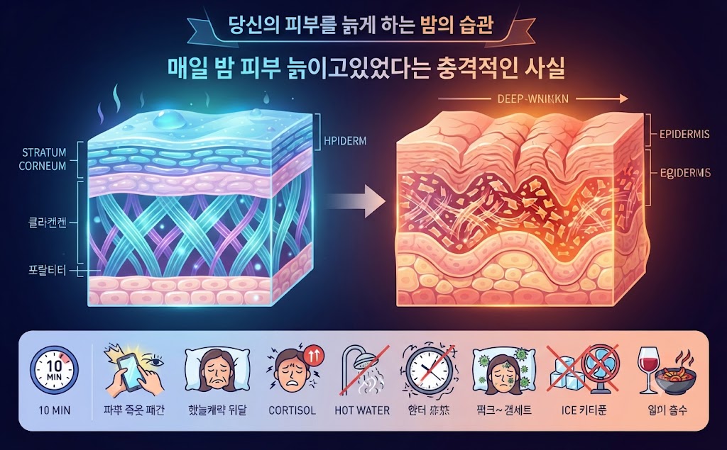 "매일 밤 피부를 늙게 만드는 잘못된 습관들을 설명하는 인포그래픽 이미지. 왼쪽에는 건강한 피부와 노화가 진행된 피부의 단면 비교 모습이, 하단에는 클렌징 골든타임, 스마트폰 블루라이트, 수면 부족, 뜨거운 물 샤워, 건조한 공기, 야식과 음주 등 9가지 나쁜 수면 습관 아이콘이 포함되어 있습니다."