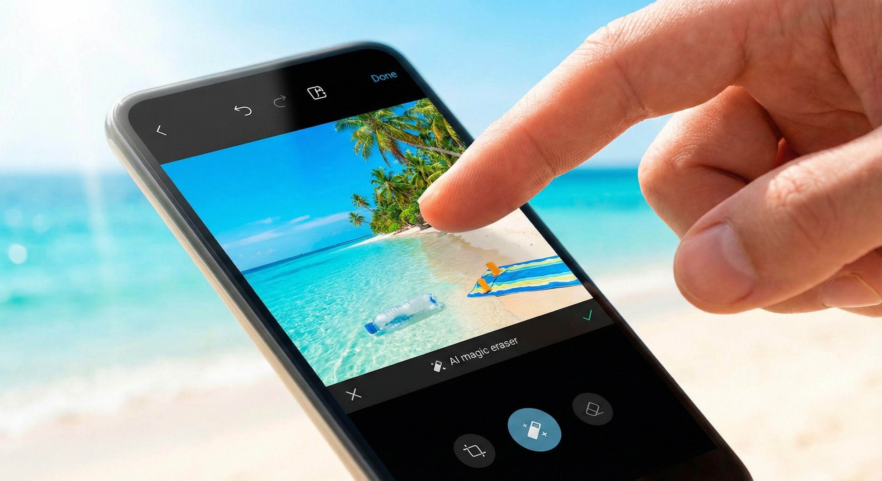 AI 사진 편집 기능을 이용해 여행 사진에서 불필요한 배경을 지우는 모습