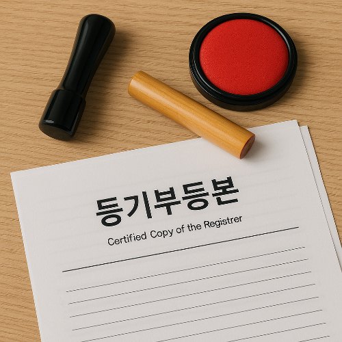 책상 위 도장, 인감, 등기부등본이 정리된 정적 이미지