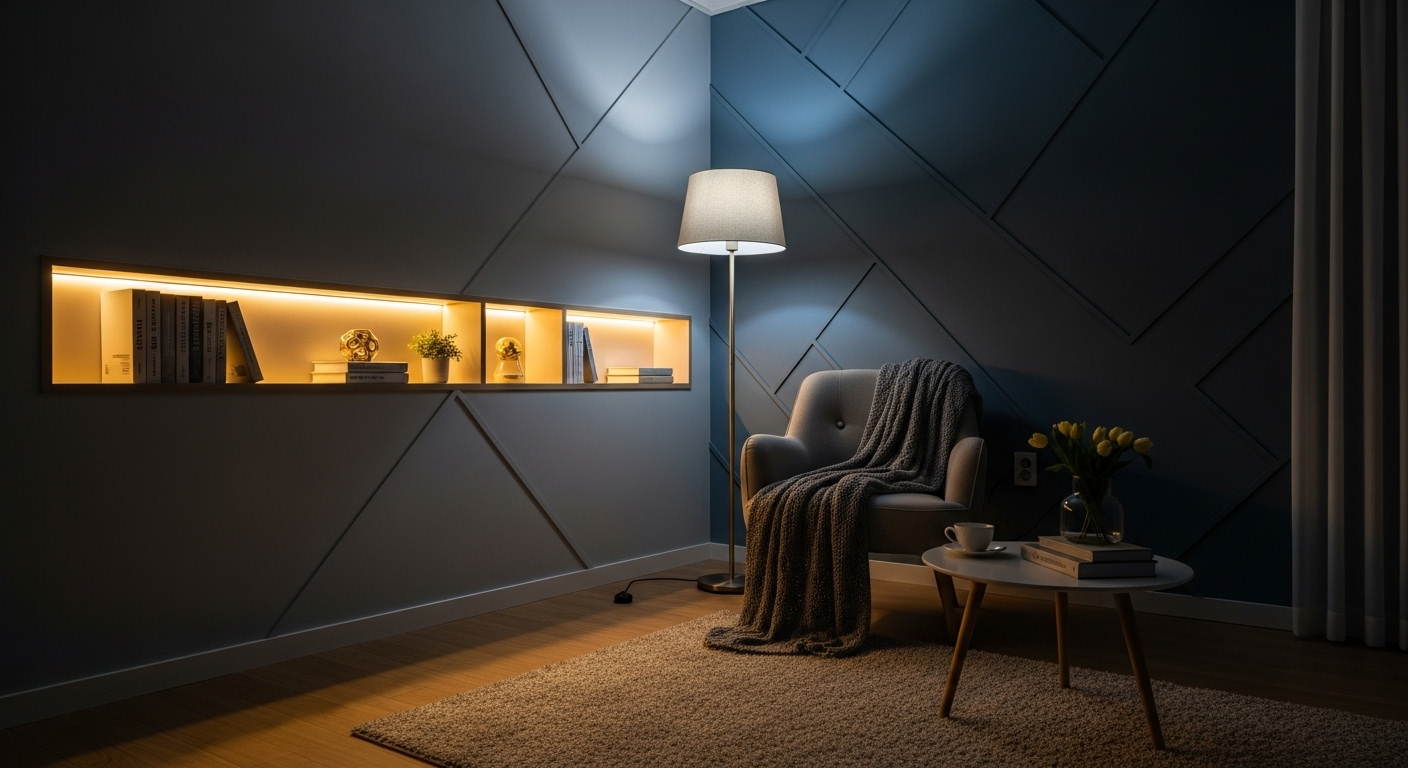 은은한 간접 조명으로 아늑하게 연출된 월세집 거실. 블루-그레이 톤의 벽과 따뜻한 스탠드 조명이 편안한 분위기를 자아낸다.