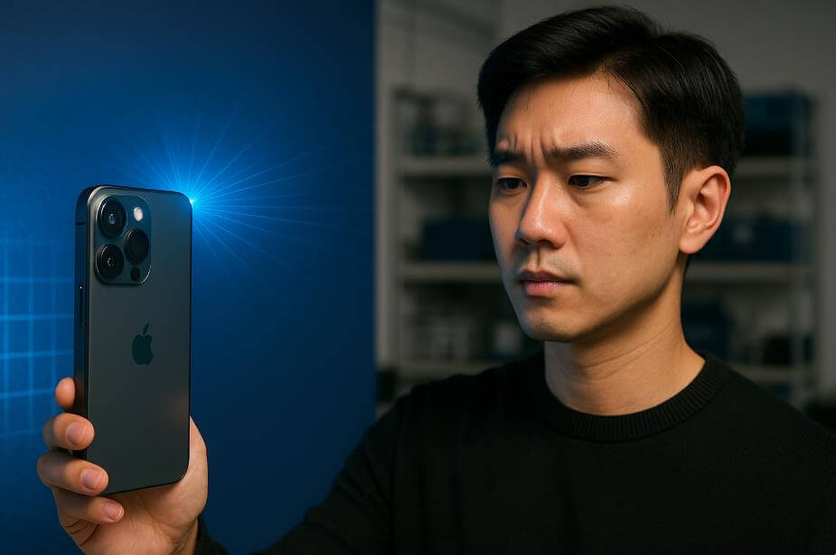 스마트폰 LiDAR 센서가 빛으로 거리를 측정하는 장면