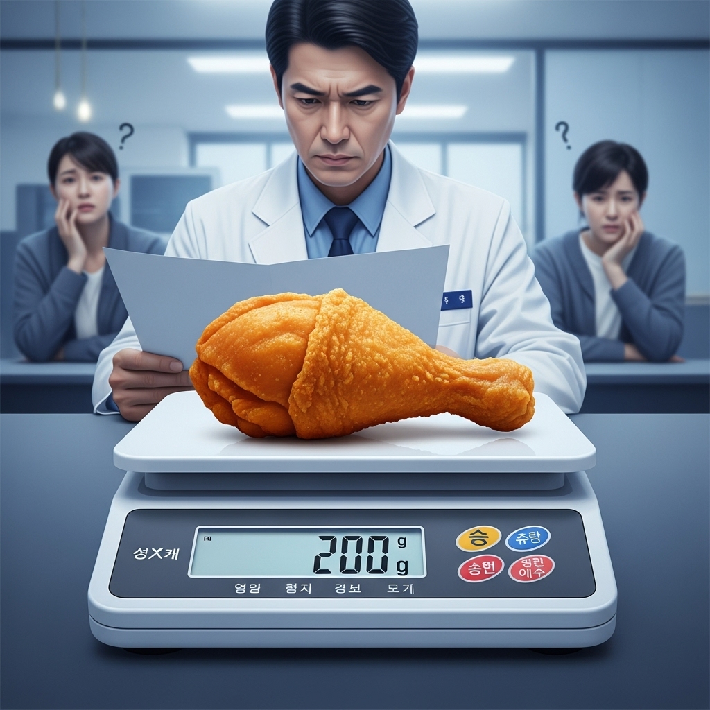 디지털 저울에 놓인 치킨 다리와 뒤로 보이는 식품의약품안전처 관계자 및 고민하는 소비자. 치킨 중량 논란과 관련된 식약처 기준을 상징하는 이미지.