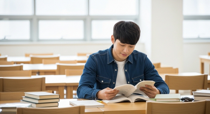 도서관에서 공부하는 대학생