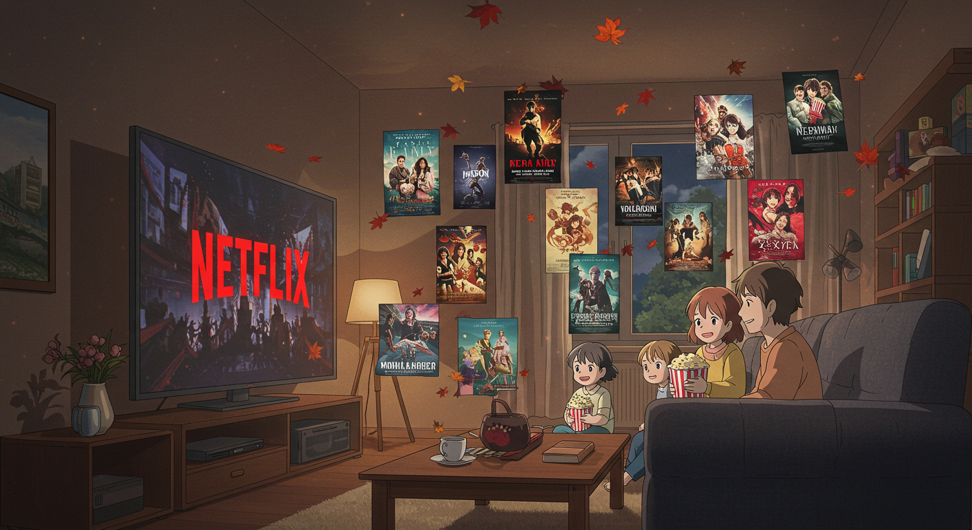 가을 저녁 가족이 거실에서 넷플릭스를 함께 즐기는 장면