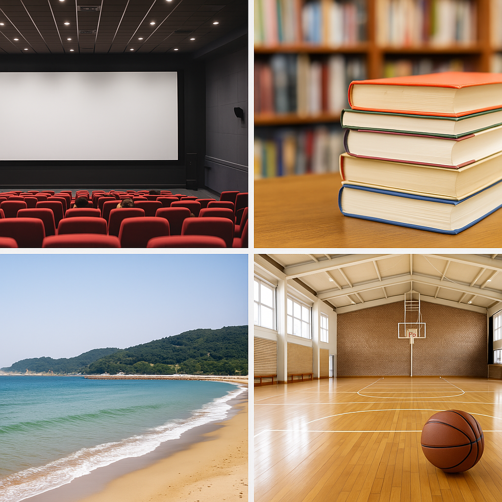 공연장,도서관, 바다, 체육관