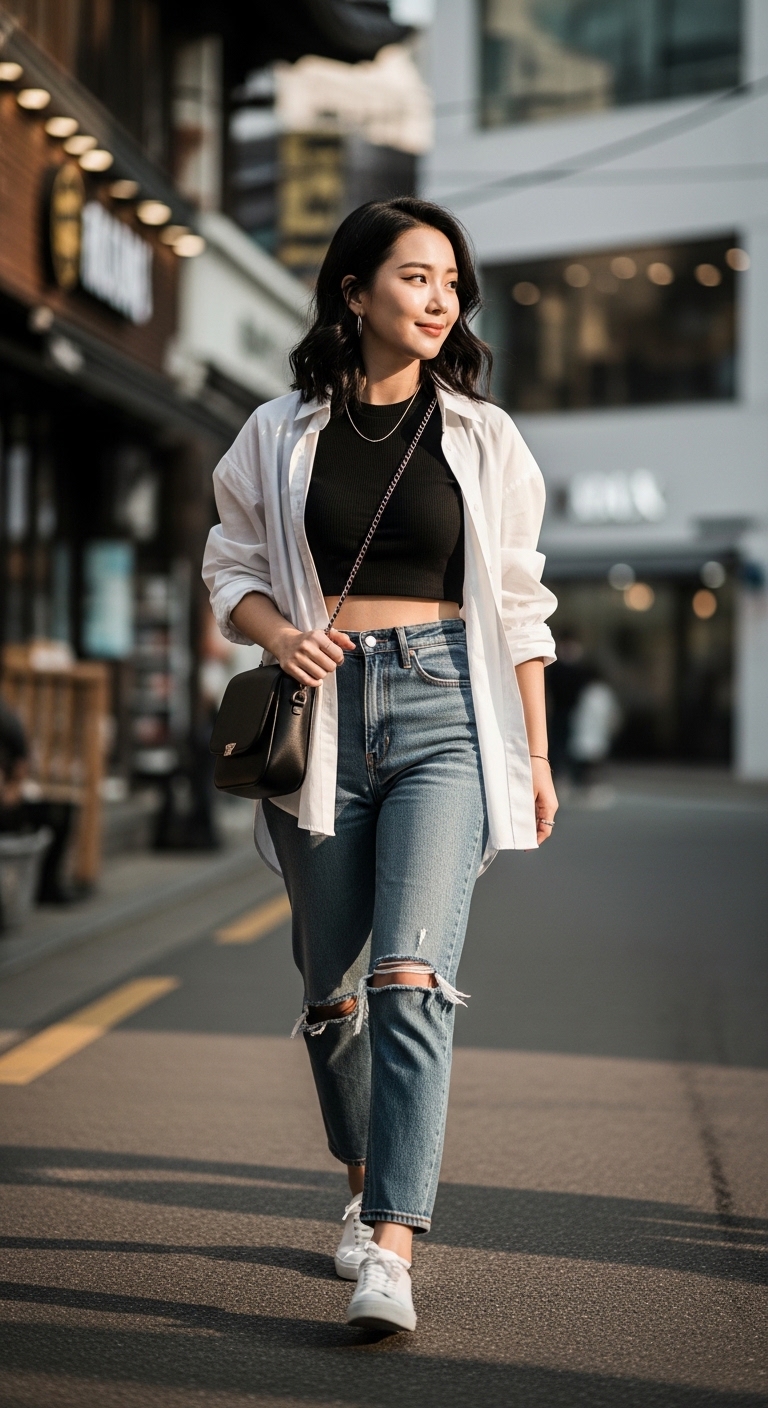 크롭탑 위에 오버사이즈 셔츠를 레이어드하여 연출한 스타일링