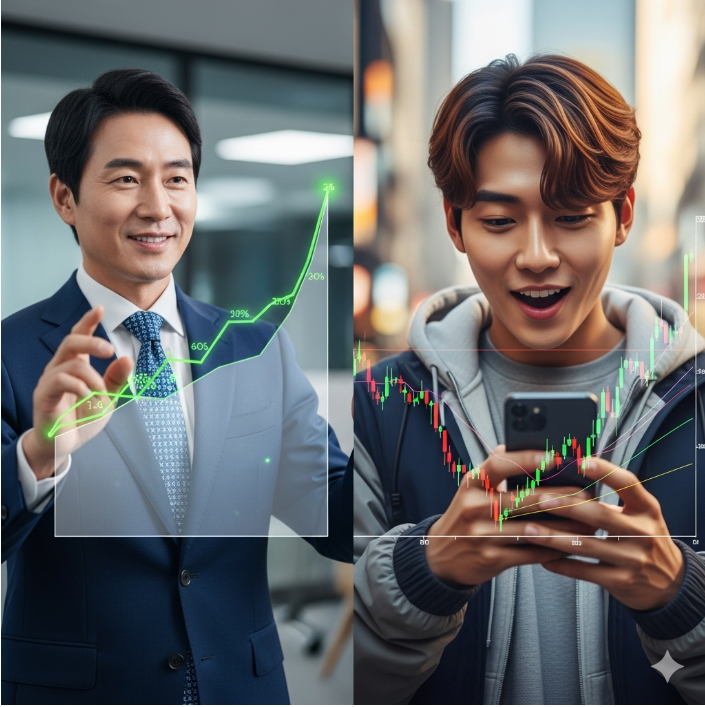 정장을 입은 한 사람이 꾸준한 그래프를 보며 미소 짓고 있고, 젊은 세대의 한 사람은 스마트폰으로 주식 차트를 보며 즐거워하는 모습. 두 가지 투자 성향을 시각화한다.