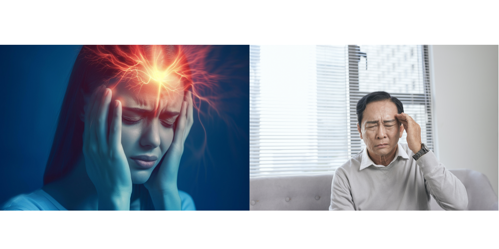 두통으로 힘들어하는 남녀 모습