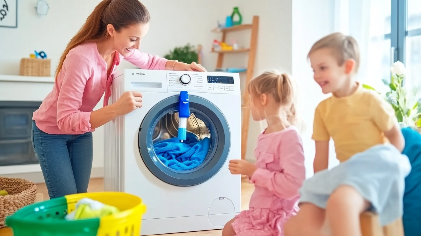 자동 세제 투입 기능을 갖춘 현대적인 세탁기를 사용하는 가족의 따뜻한 장면