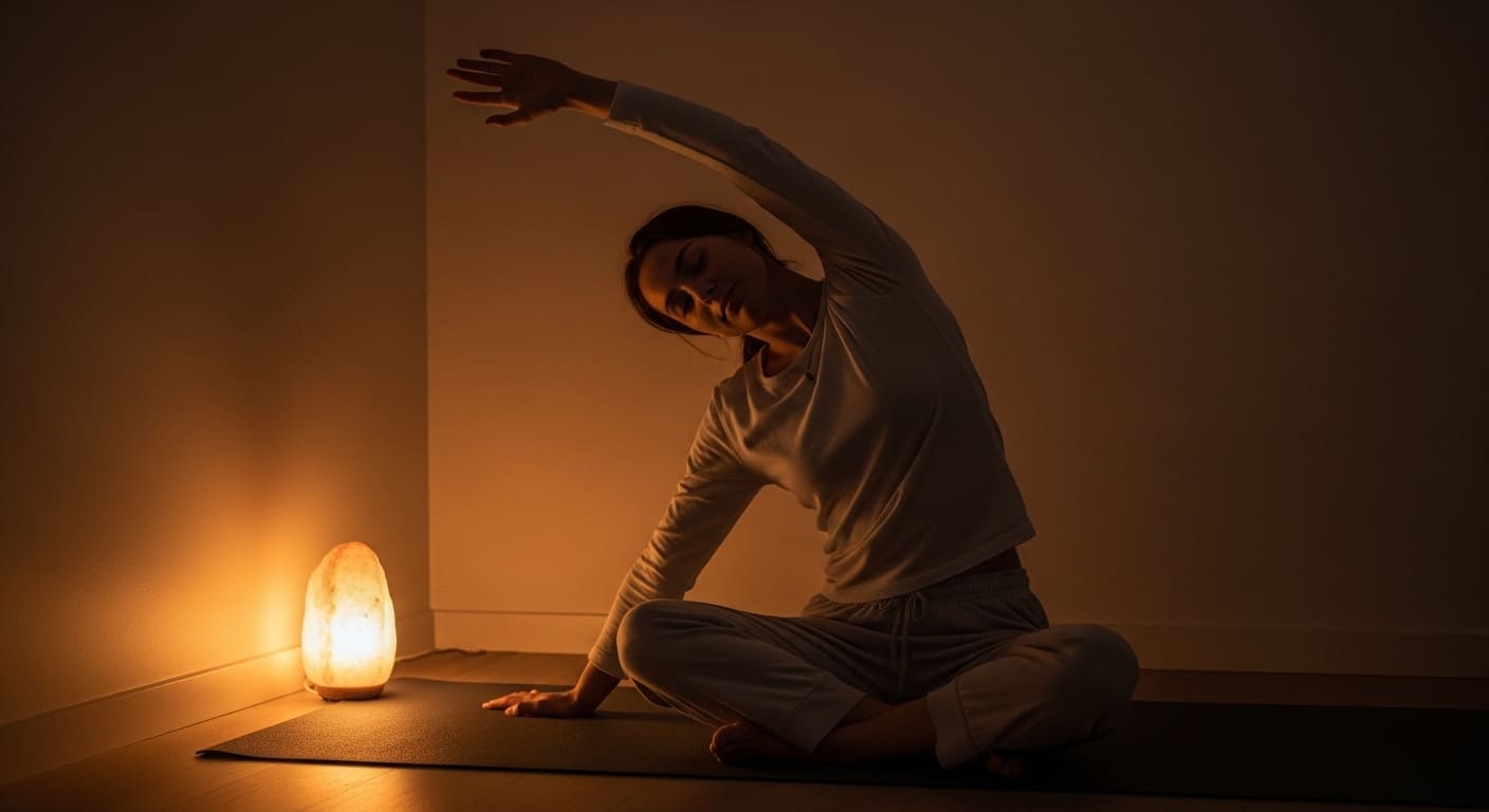 잠들기 전 침실에서 가벼운 스트레칭을 하는 사람의 모습. 잠자리 의식을 통해 편안하게 이완되는 분위기를 표현.