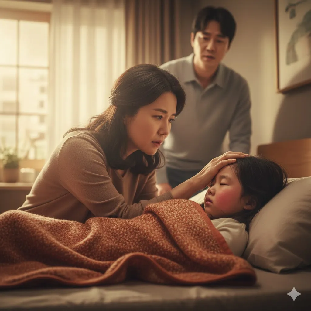 엄마 또는 아빠가 열이 나는 아이의 이마를 짚어주거나, 아픈 아이를 안고 걱정스러운 표정으로 바라보는 따뜻하지만 안타까운 장면을 연출합니다. 아이의 얼굴은 약간 상기되어 있고, 따뜻한 색감의 담요로 감싸져 있습니다. 부드러운 조명과 포근한 분위기 속에서 부모의 사랑과 보살핌이 강조되도록 합니다.