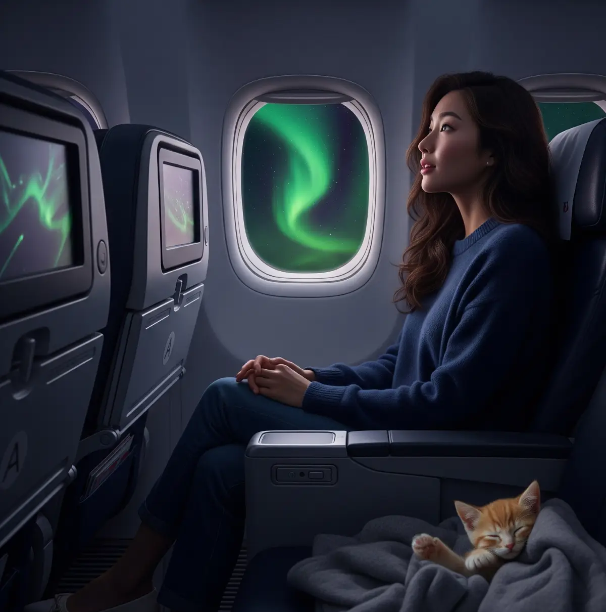 웨스트젯 드림라이너 항공기 창가 좌석에 앉은 여성이 창밖으로 보이는 오로라를 감상하는 모습