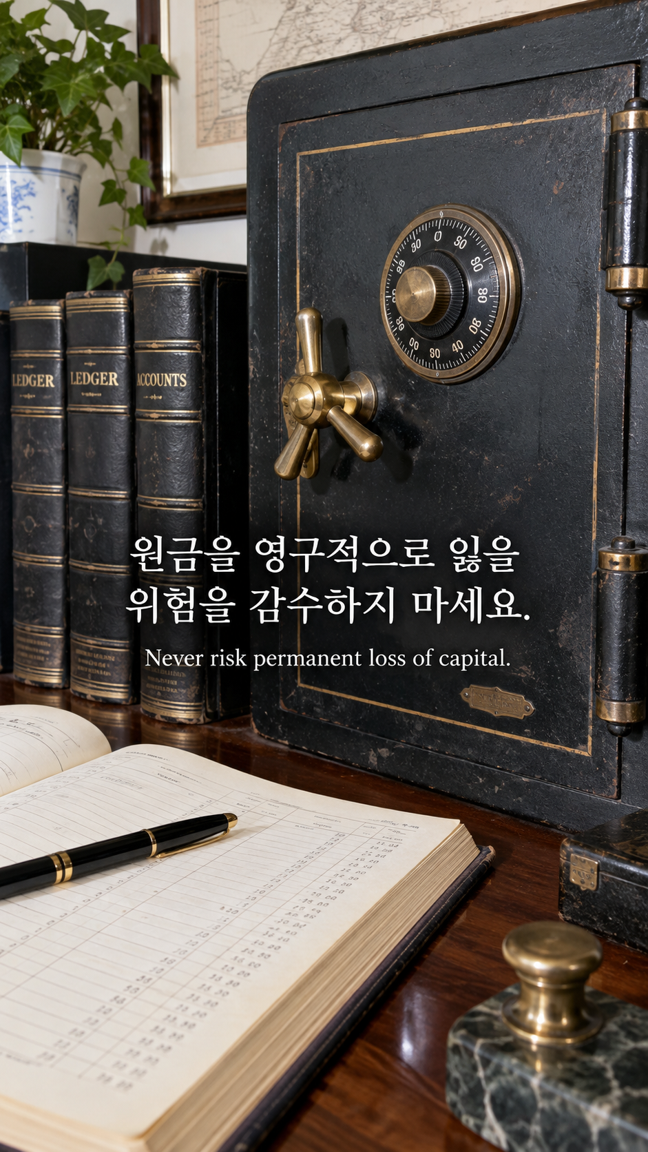 안전하게 잠긴 오래된 금고와 장부에 영구 손실을 피하기에 관한 워렌 버핏 명언이 적힌 이미지
