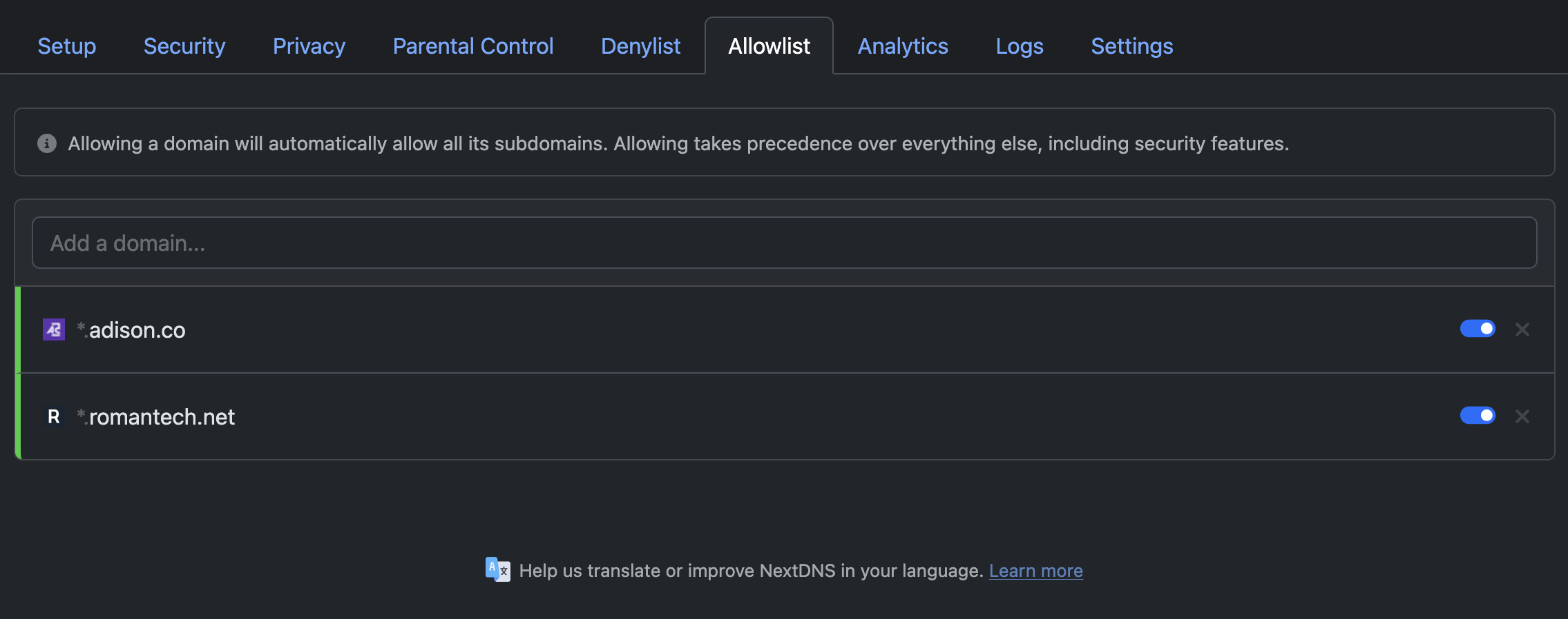 NextDNS Allowlist 탭