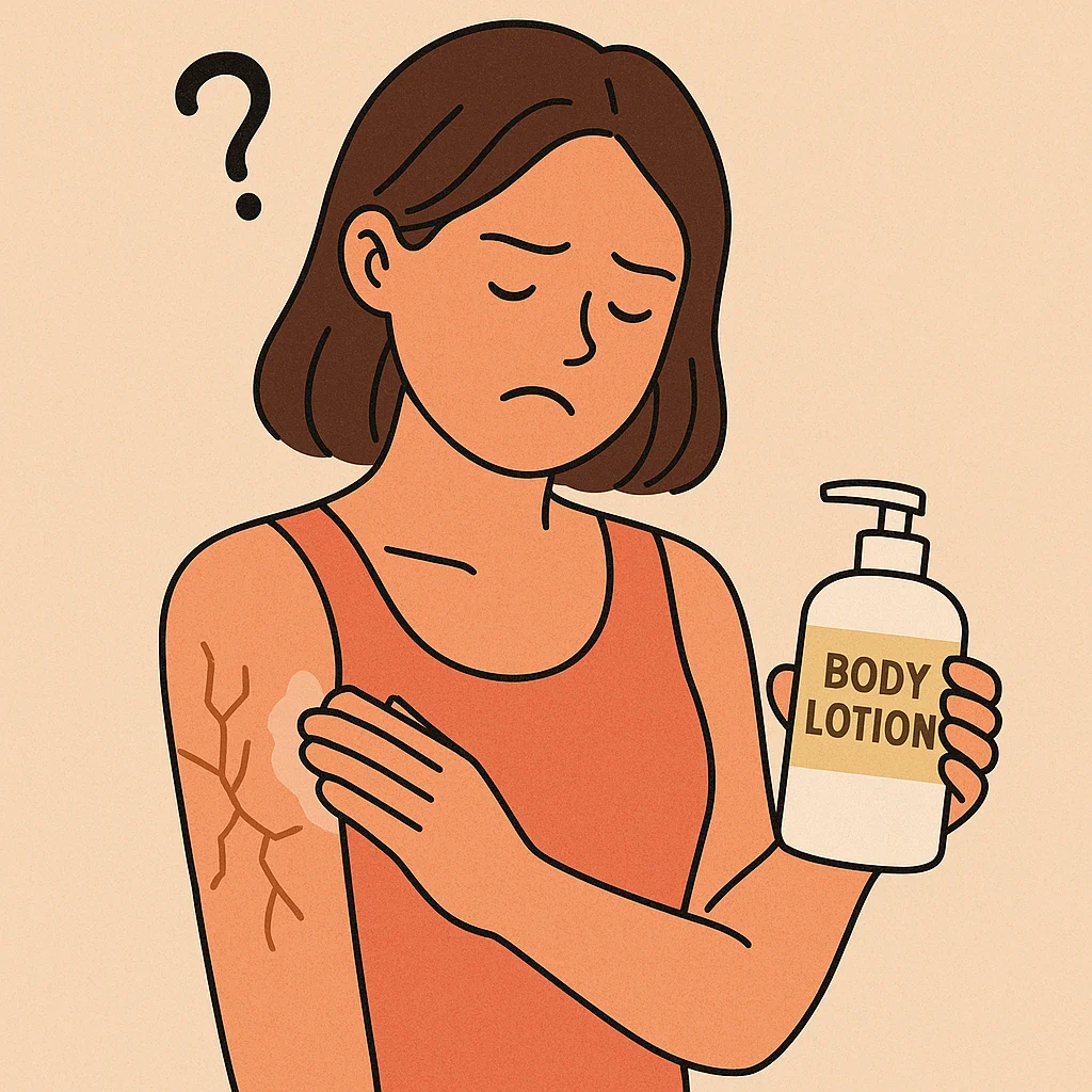 바디로션을 매일 바르며 피부가 약해질까 고민하는 여성을 묘사한 일러스트. 팔에 로션을 바르며 갈라진 피부를 보고 걱정하는 표정이 강조됨.