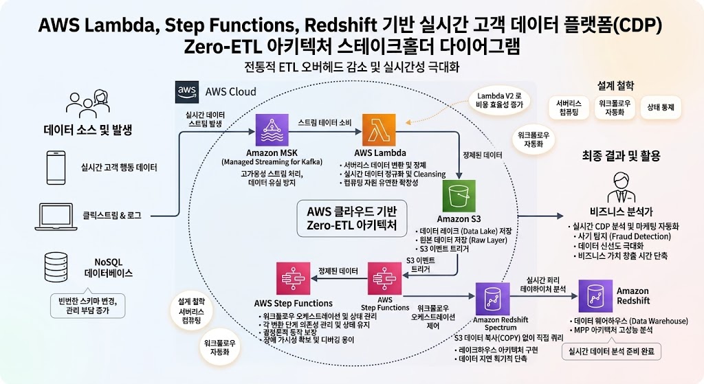 AWS Lambda 와 Step Functions 를 활용하여 Redshift 에 실시간 데이터를 변환하는 제로 ETL 아키텍처 구조도