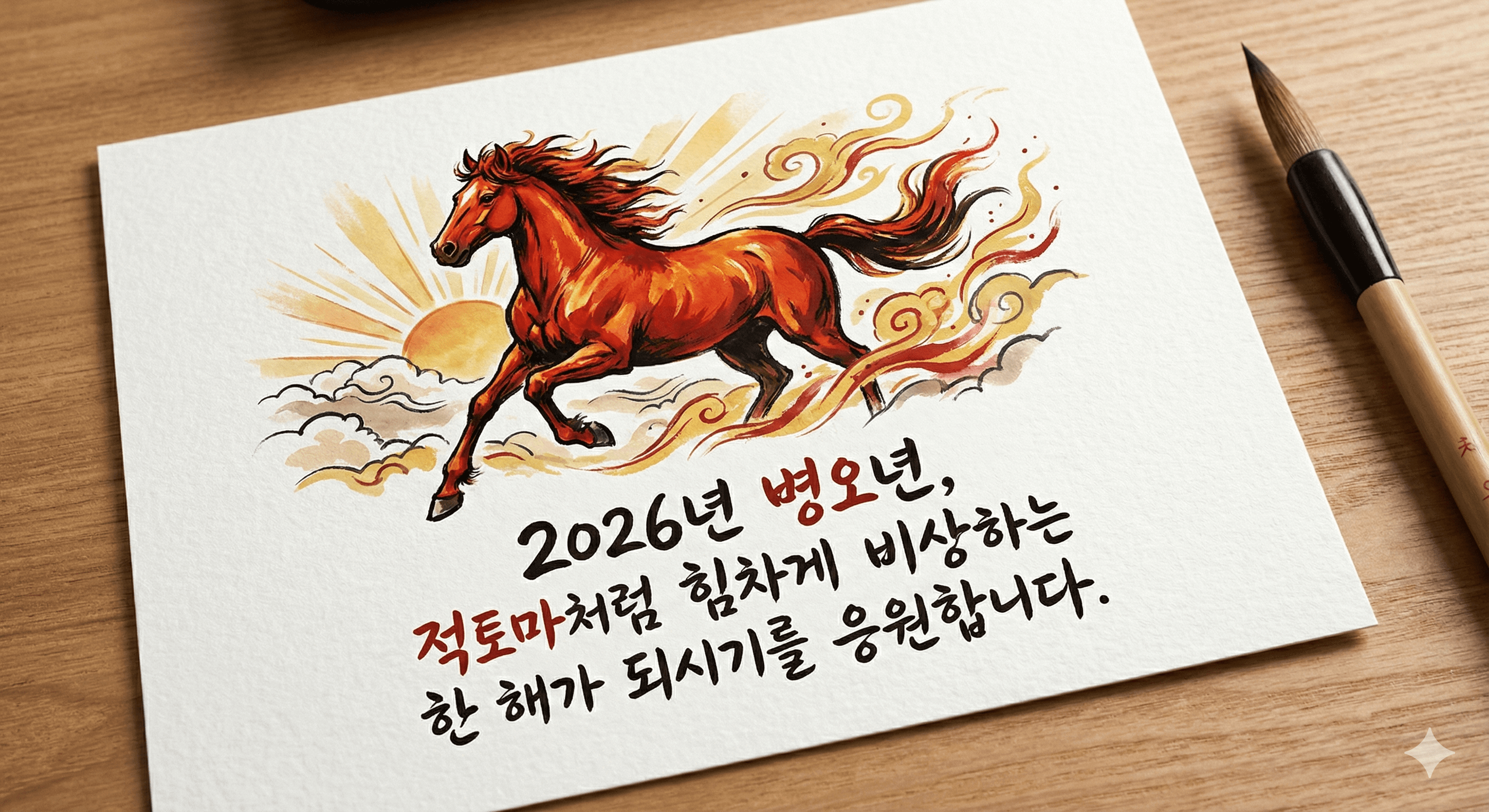 2026년의 상징인 '적토마'와 '역동성'을 강조하여 새로운 시작을 응원하는 문구의 이미지 카드