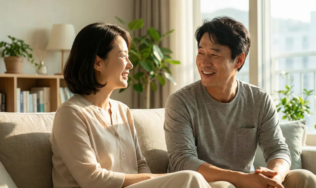 따뜻한 햇살이 비치는 거실에서 대화하는 부부, 외도하는 꿈 해몽 후 관계 회복