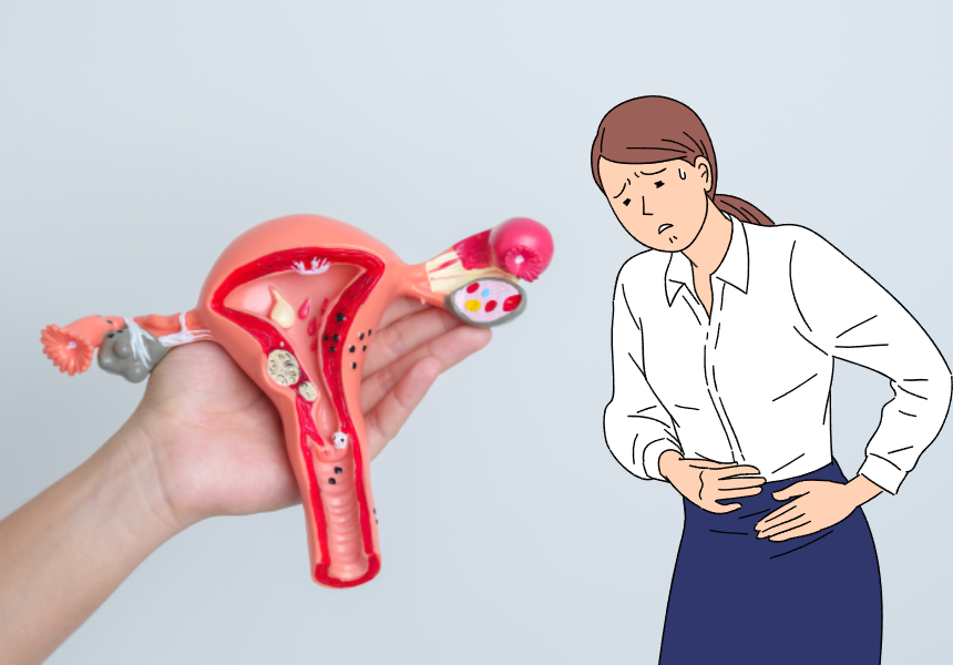 자궁모형 이미지와 배아픈 여성이미지