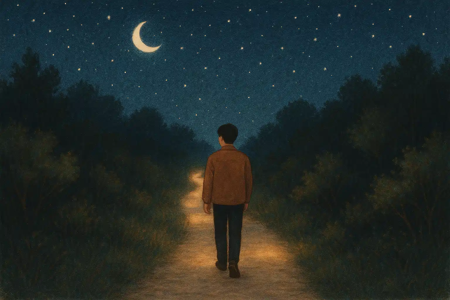 밤하늘 아래 추억의 길을 걷는 사람