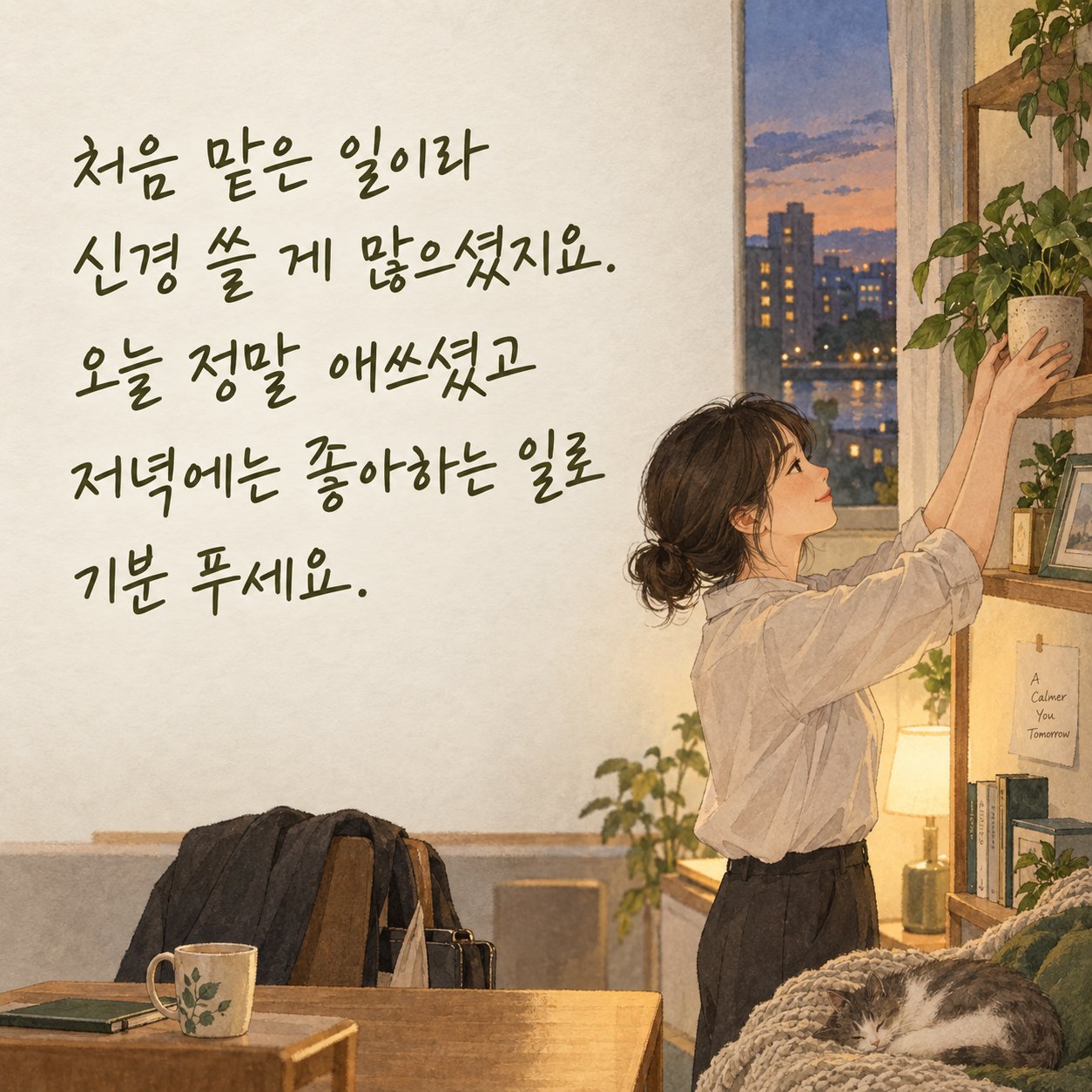 직장인 저녁 인사 이미지 15 — 처음 맡은 일이라 신경 쓸 게 많으셨지요. 오늘 정말 애쓰셨고 저녁에는 좋아하는 일로 기분 푸세요.