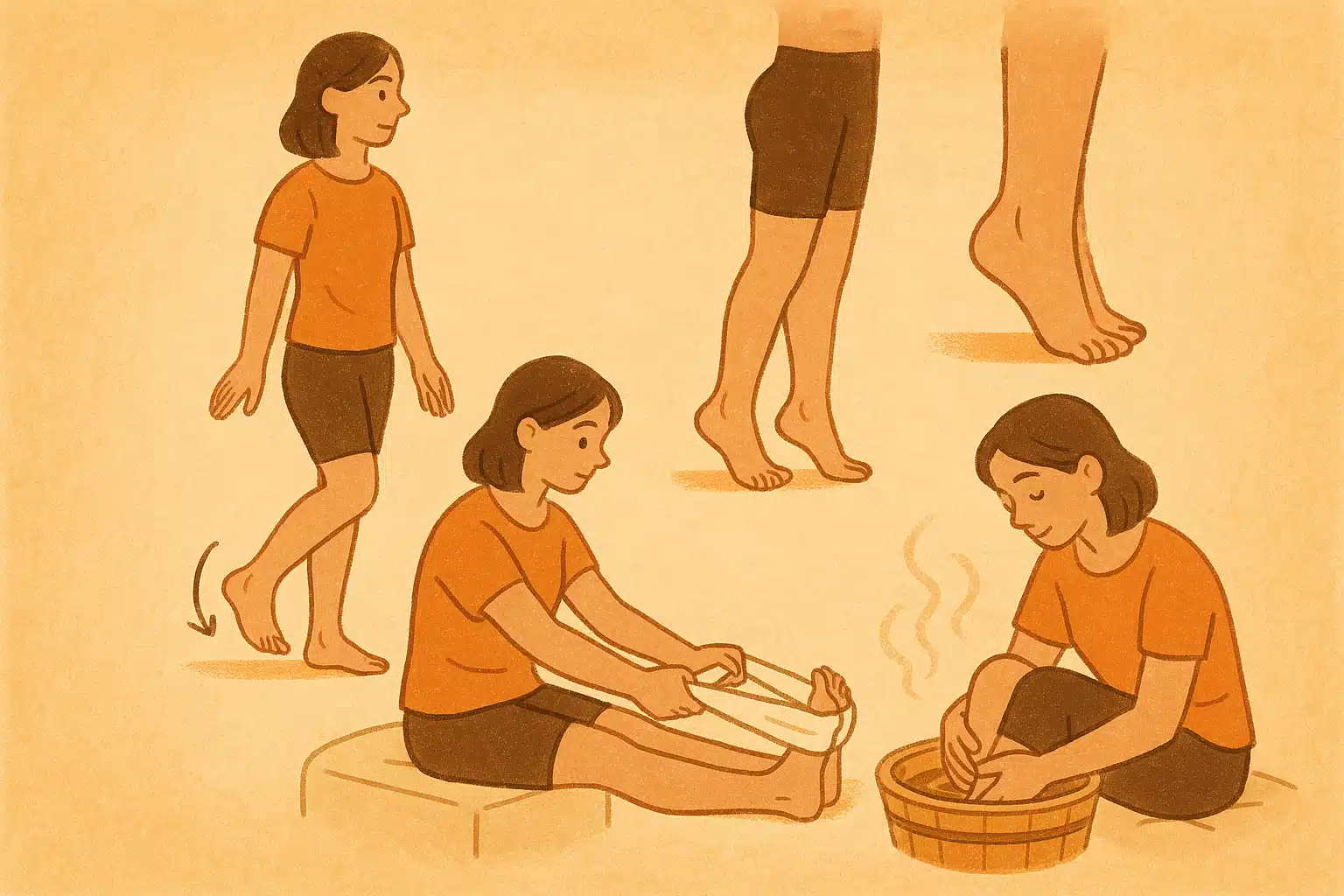 발목 돌리기, 발끝으로 서기, 수건 스트레칭을 하는 사람, 족욕과 발목 마사지