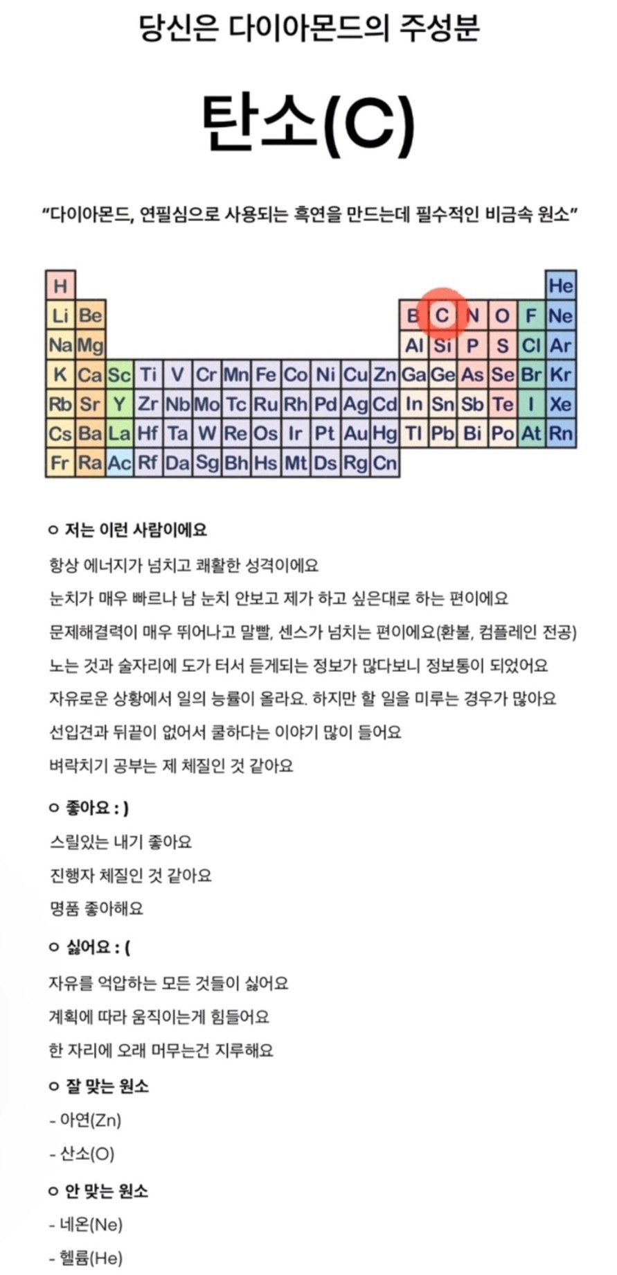 화학원소 성격 테스트 MBTI