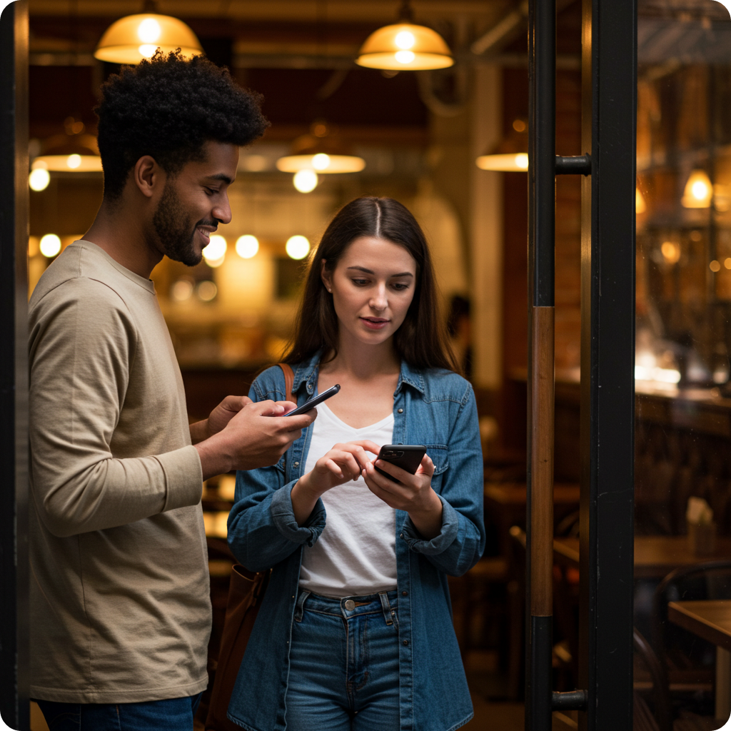 캐치테이블 앱을 스마트폰으로 확인하며 예약 현황을 보고 있는 젊은 남녀