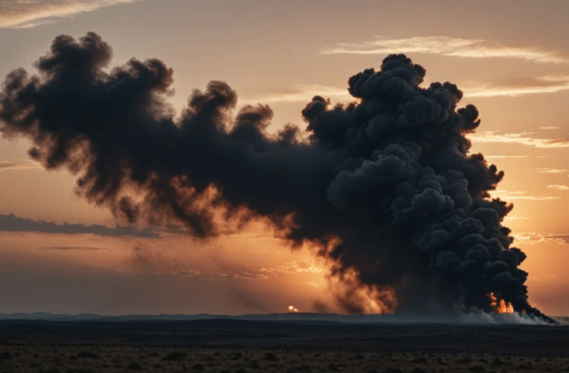 지평선에서 검은 연기가 올라오는 그림