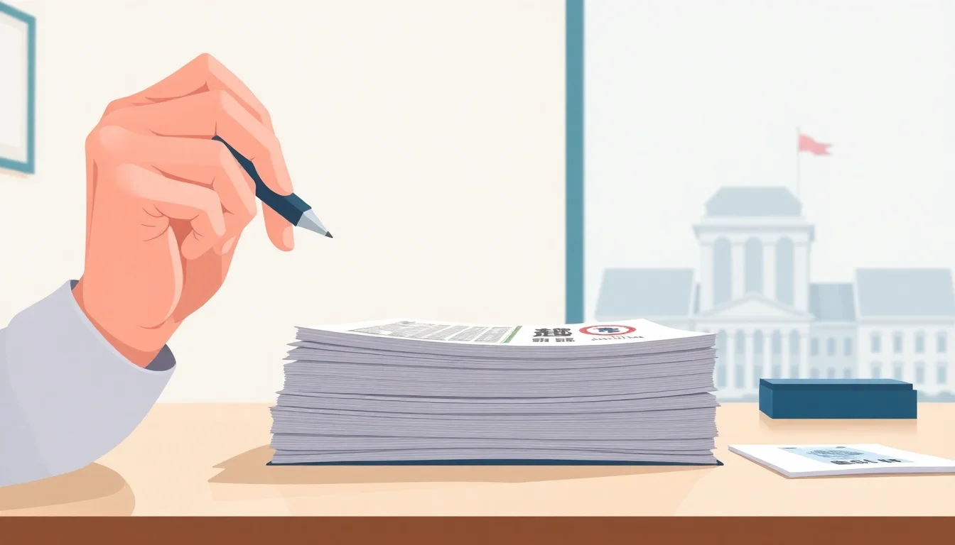 책상 위 펜을 든 손과 서류 더미.