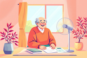 에너지바우처를 받고 선풍기 바람을 쇠고 있는 모습. 웃는 모습.