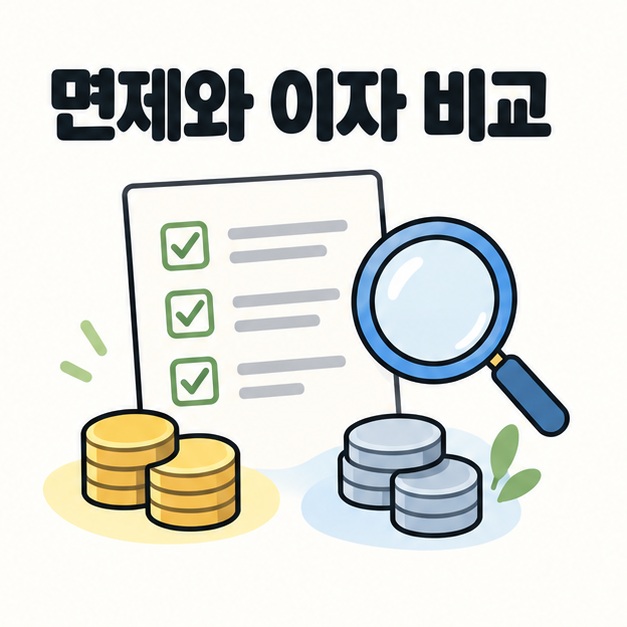 면제 조건과 이자 비교를 표현한 체크리스트와 돋보기 그림