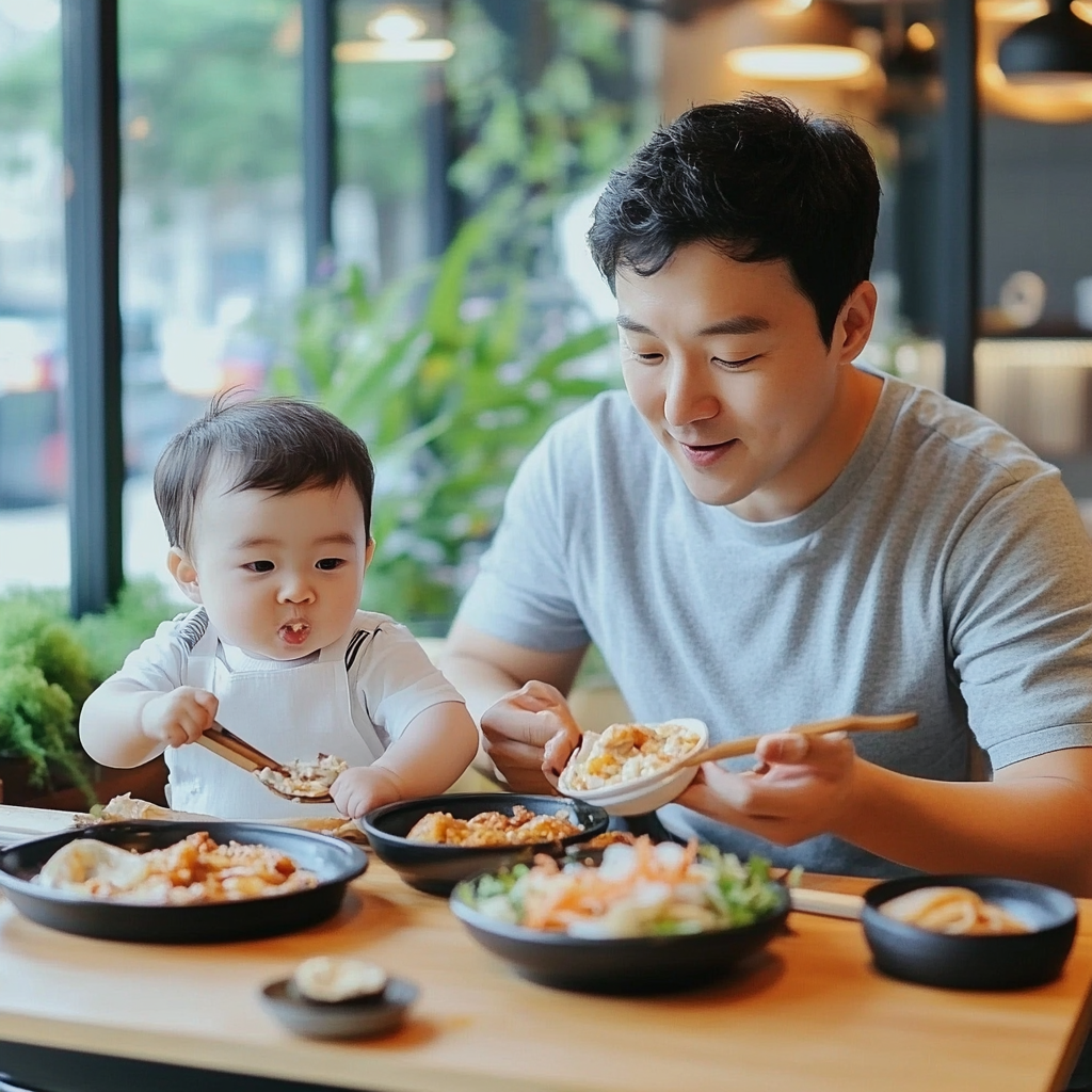 아빠와 함께 밥을 먹는 아이