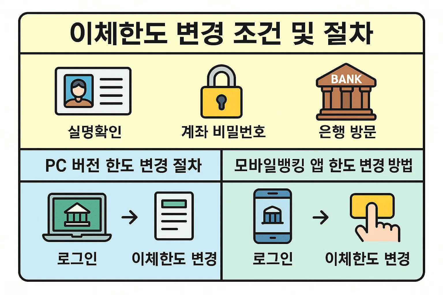 실명확인, 비밀번호, 은행 방문 등 변경 조건과 PC·모바일 각각의 한도 변경 절차를 단계별로 정리한 인포그래픽입니다.