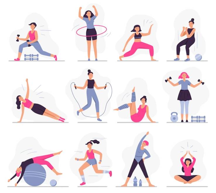 줄넘기, 훌라후프 등 다양한 운동방법을 정리한 캐릭터 그림