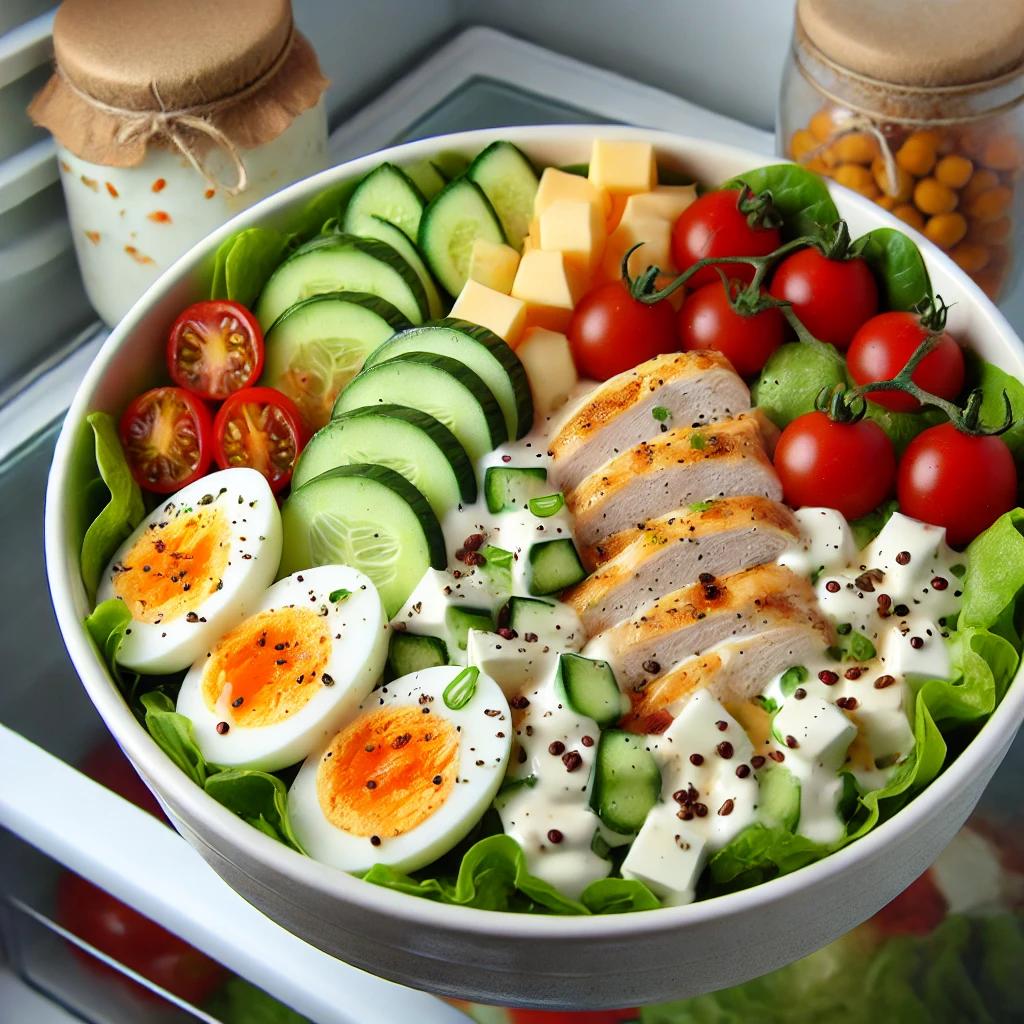 샐러드 냉장고에 있는 재료와 요구르트로 만든 샐러드